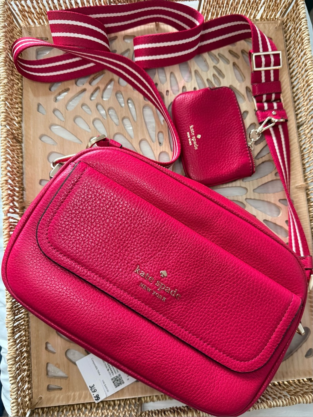 kate spade hot pink pebbled leather crossbody with striped strap and coin pouch